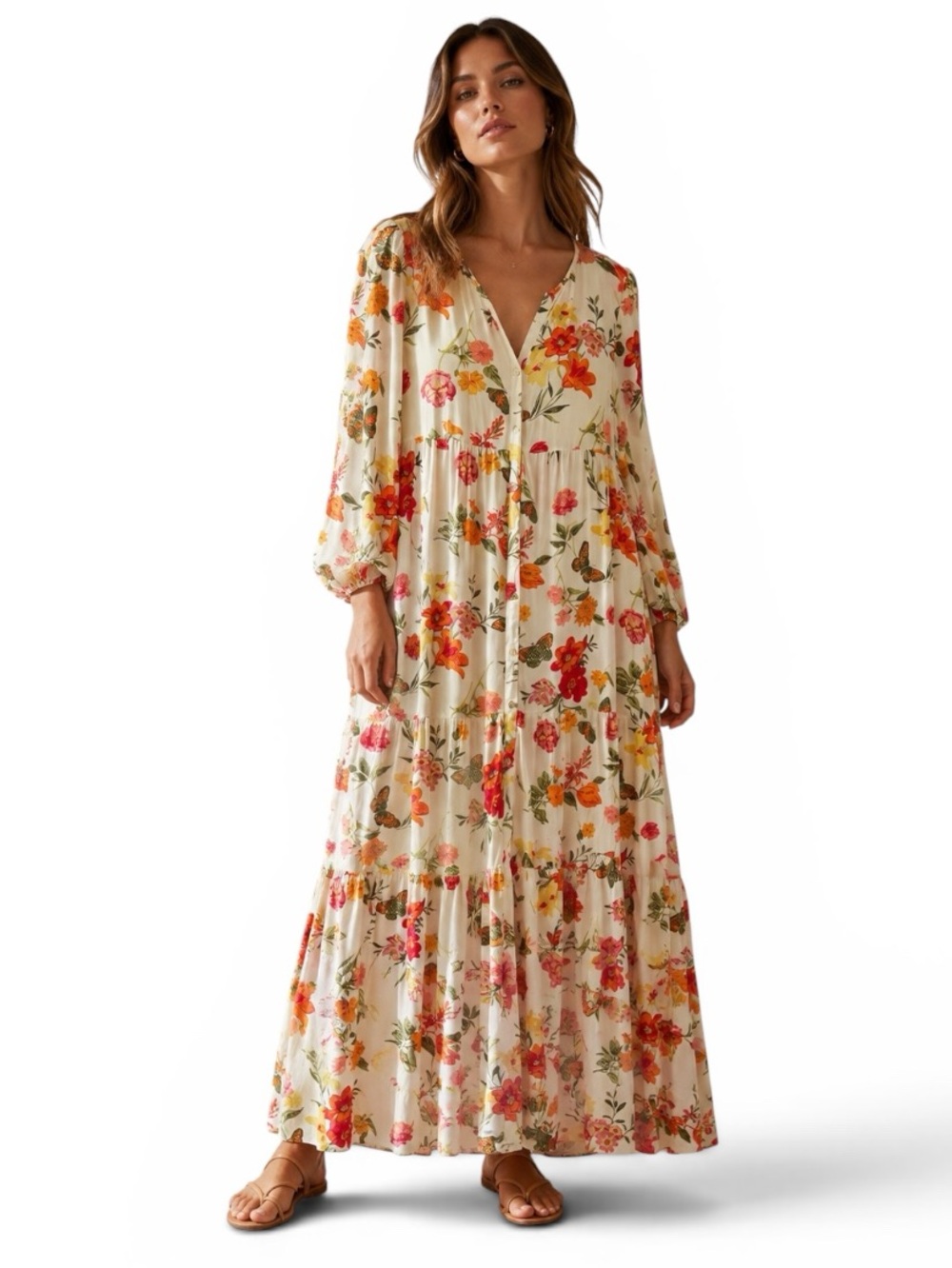 Rose & Everly Floral V-Neck Tiered Maxi Dress Cream Orange & Pink Flowers